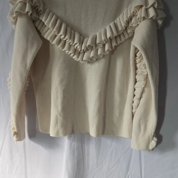 Frame Ruffle Yoke Ribbed Wool Blend Off White Oversized Knit Sweater Size Small - Picture 3 of 8